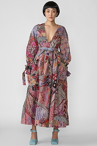 Coral Organza Printed Gathered Maxi Dress by Aisha Rao
