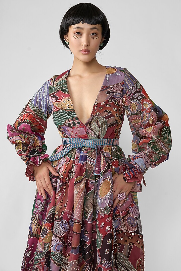 Coral Organza Printed Gathered Maxi Party Wear Dress by Aisha Rao at Pernia's Pop Up Shop