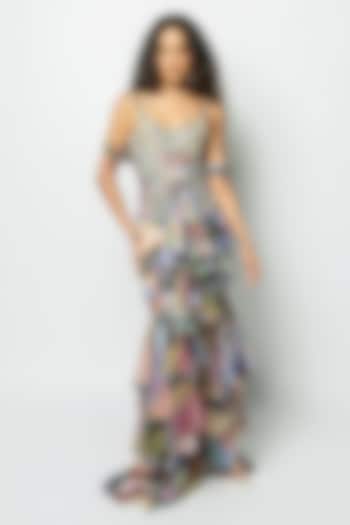 Multi-Colored Mesh Block Printed Ruffled Wedding Gown by Aisha Rao at Pernia's Pop Up Shop