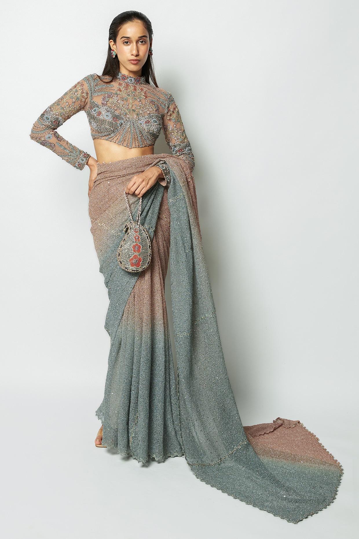 Aisha Rao Pink & Teal Ombre Mesh Applique Embellished Saree Set