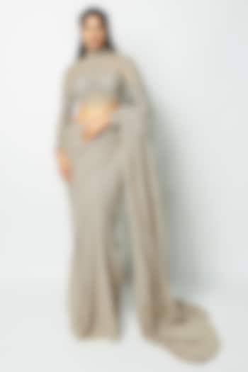 Champagne Mesh Applique Embellished Bridal Saree Set by Aisha Rao at Pernia's Pop Up Shop