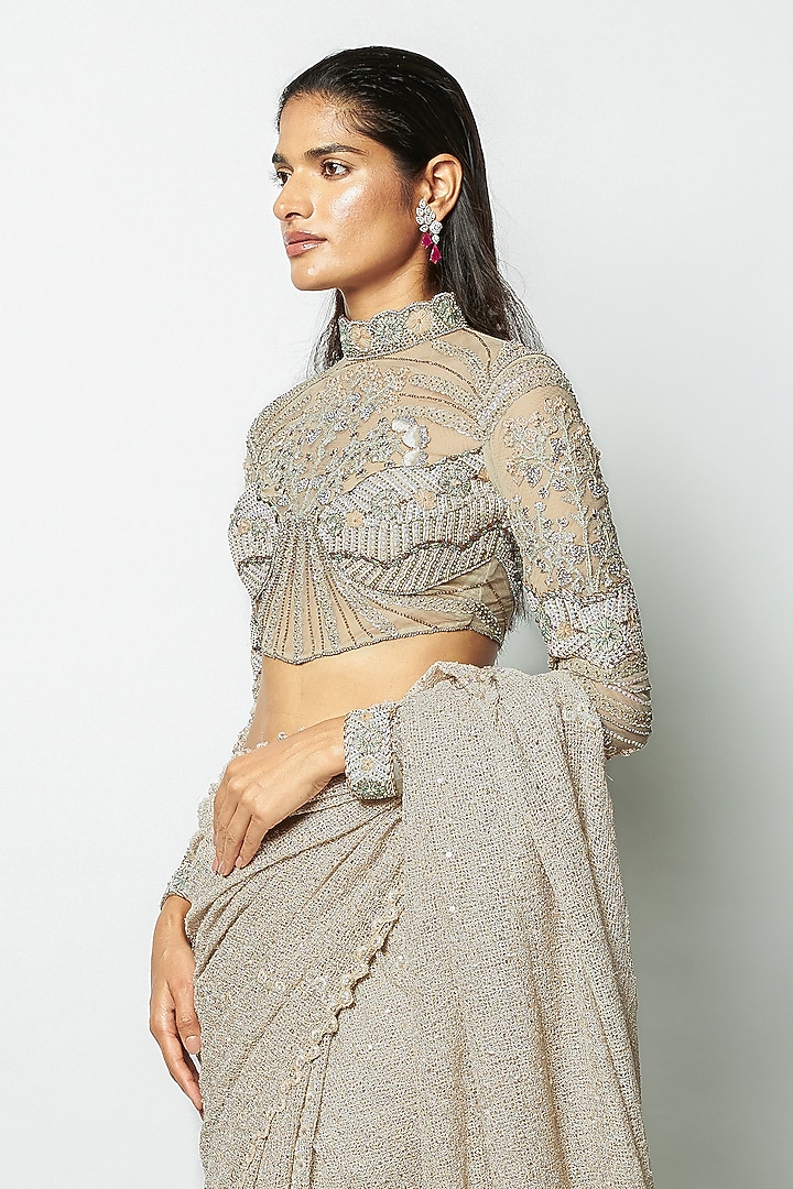 Champagne Mesh Applique Embellished Bridal Saree Set by Aisha Rao at Pernia's Pop Up Shop
