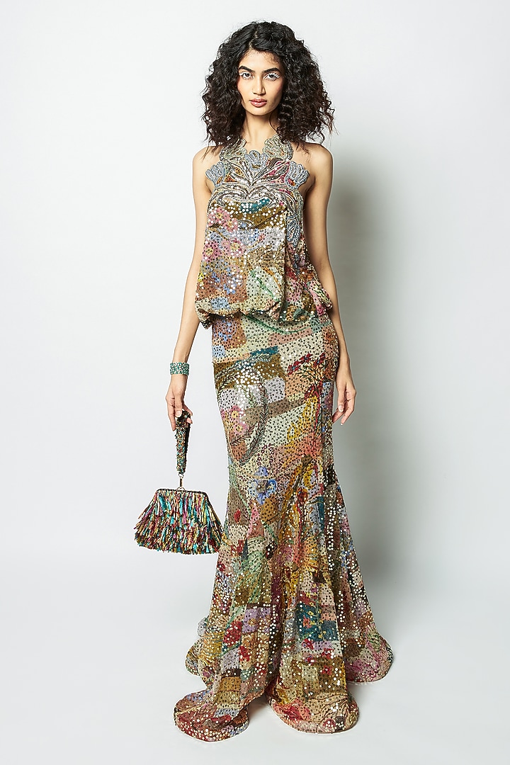 Multi-Colored Tulle Block Printed & Applique Embellished Mermaid Wedding Gown by Aisha Rao at Pernia's Pop Up Shop
