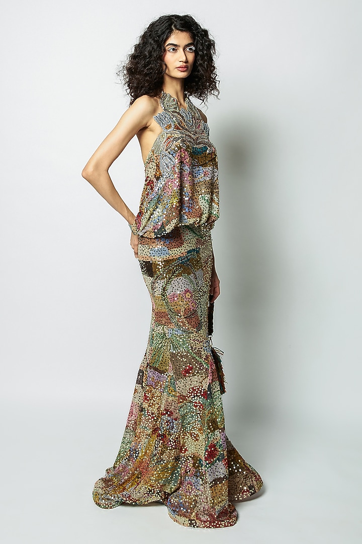 Multi-Colored Tulle Block Printed & Applique Embellished Mermaid Wedding Gown by Aisha Rao at Pernia's Pop Up Shop
