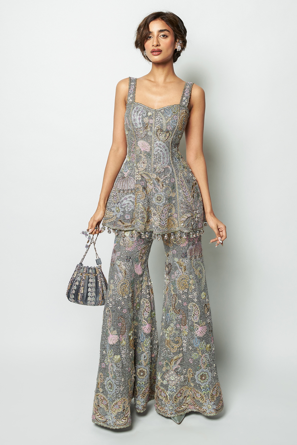 Aisha Rao Grey Mesh Applique Embellished Sharara Set