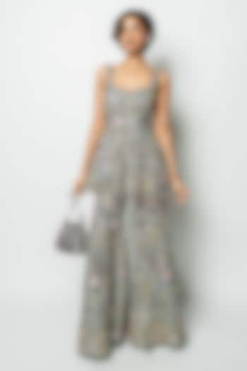 Grey Mesh Applique Embellished Bridal Sharara Set by Aisha Rao at Pernia's Pop Up Shop
