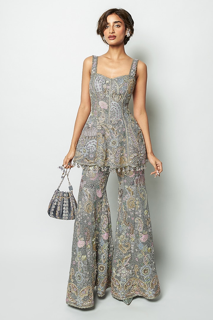 Grey Mesh Applique Embellished Bridal Sharara Set by Aisha Rao at Pernia's Pop Up Shop
