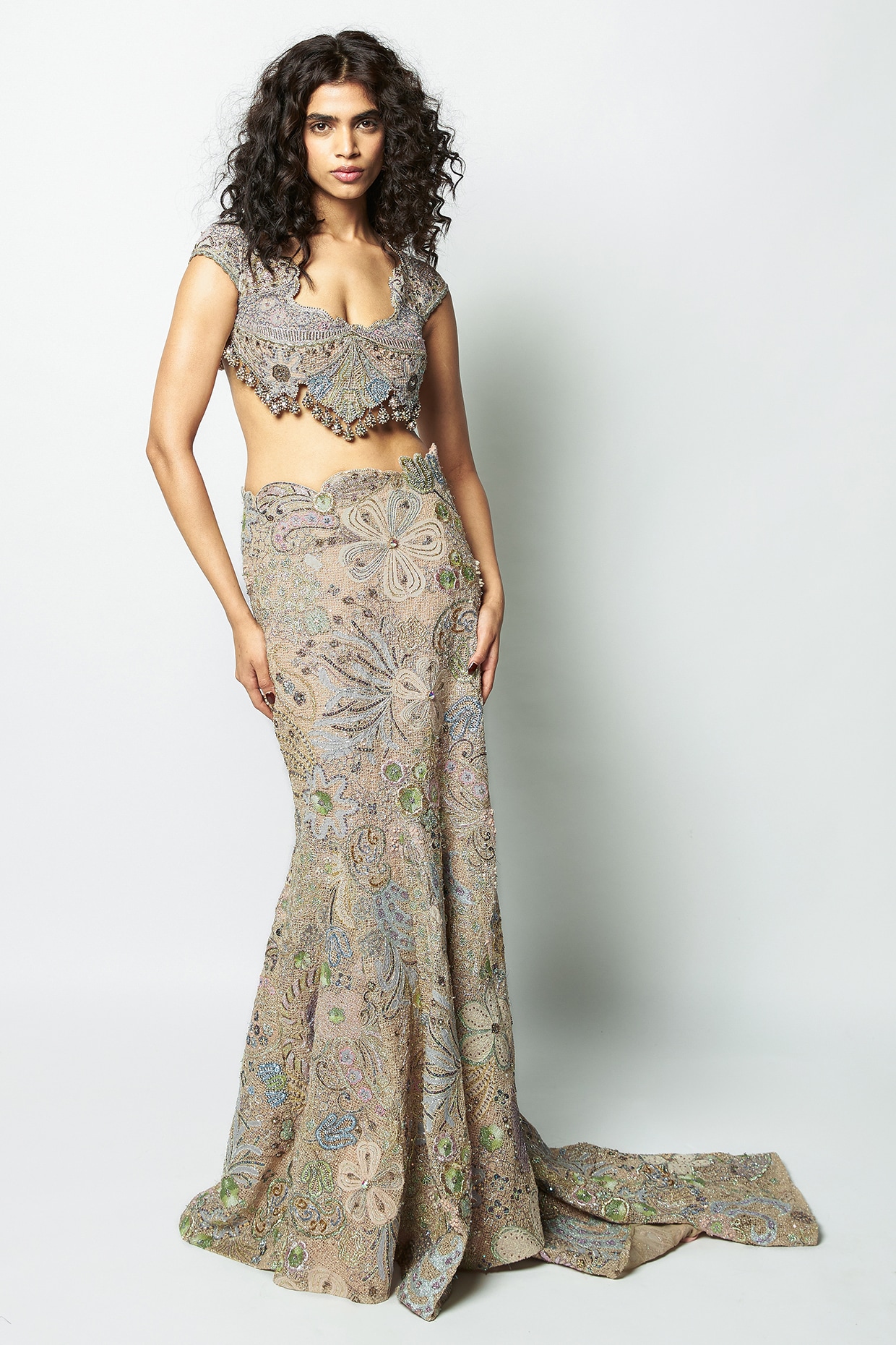 Aisha Rao Baby Pink Mesh Applique Embellished Lehenga Set