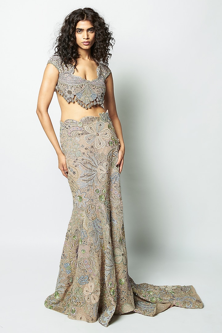 Baby Pink Mesh Applique Embellished Bridal Lehenga Set by Aisha Rao at Pernia's Pop Up Shop