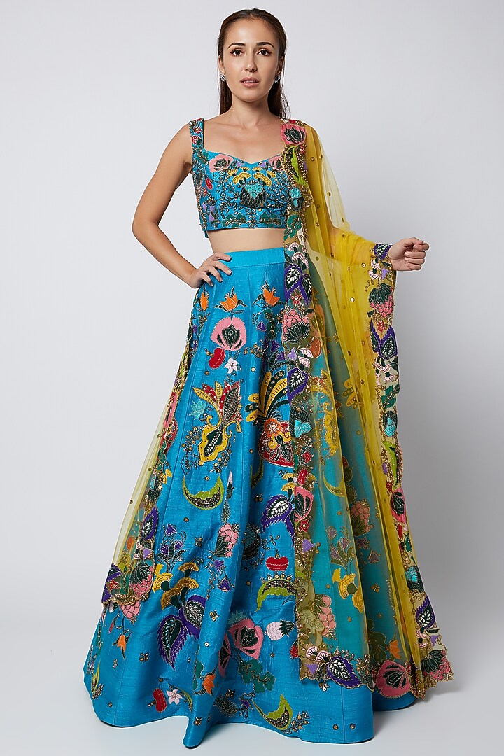 Cyan Blue Embellished Bridal Lehenga Set by Aisha Rao at Pernia's Pop Up Shop