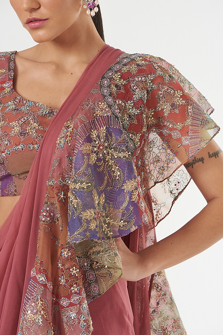 Tropical Peach Printed Reception Saree Set by Aisha Rao at Pernia's Pop Up Shop