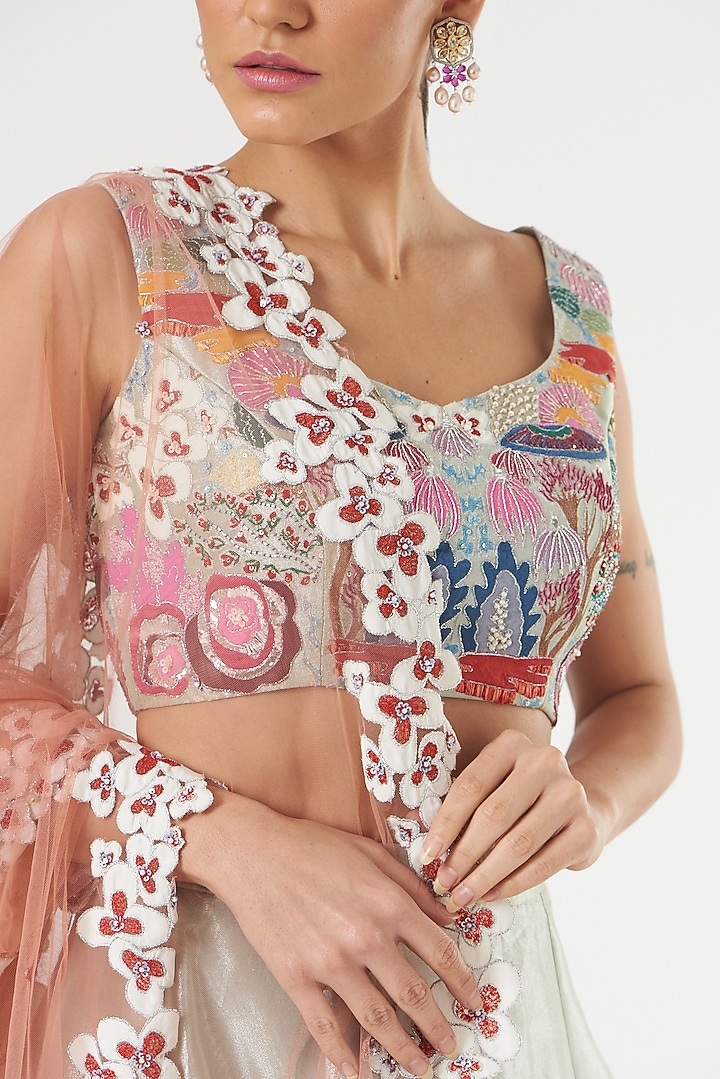Ivory & Peach Printed Bridal Lehenga Set by Aisha Rao at Pernia's Pop Up Shop