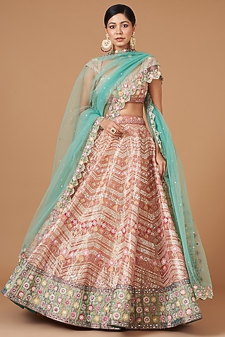 Peach Tissue Embellished Lehenga Set by Aisha Rao