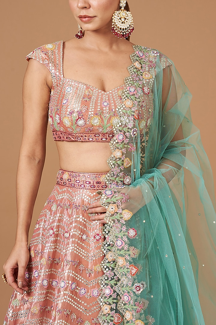 Peach Tissue Embellished Bridal Lehenga Set by Aisha Rao at Pernia's Pop Up Shop