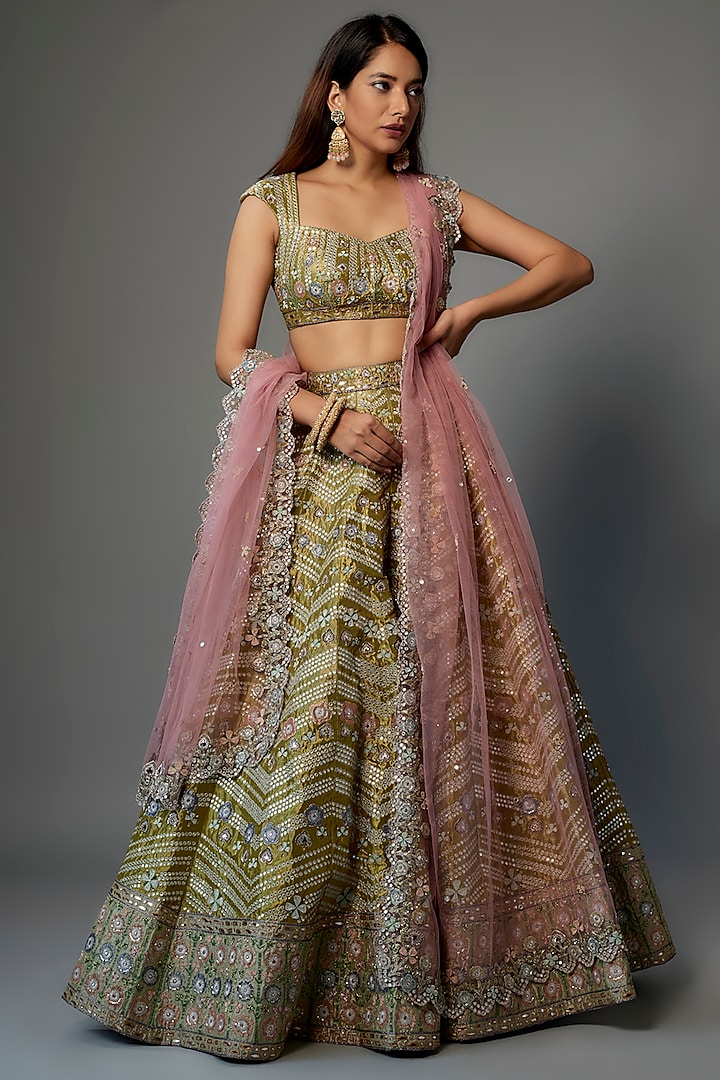 Lime Green Tissue Embellished Bridal Lehenga Set by Aisha Rao at Pernia's Pop Up Shop