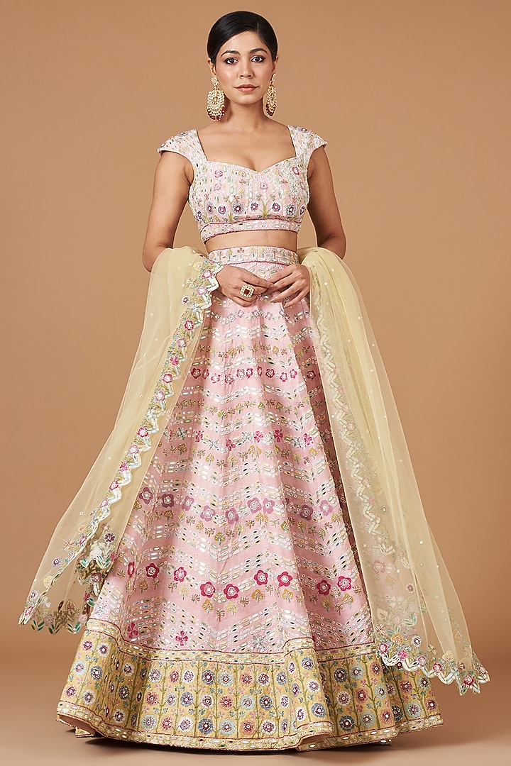 Pink Tissue Embellished Bridal Lehenga Set by Aisha Rao at Pernia's Pop Up Shop