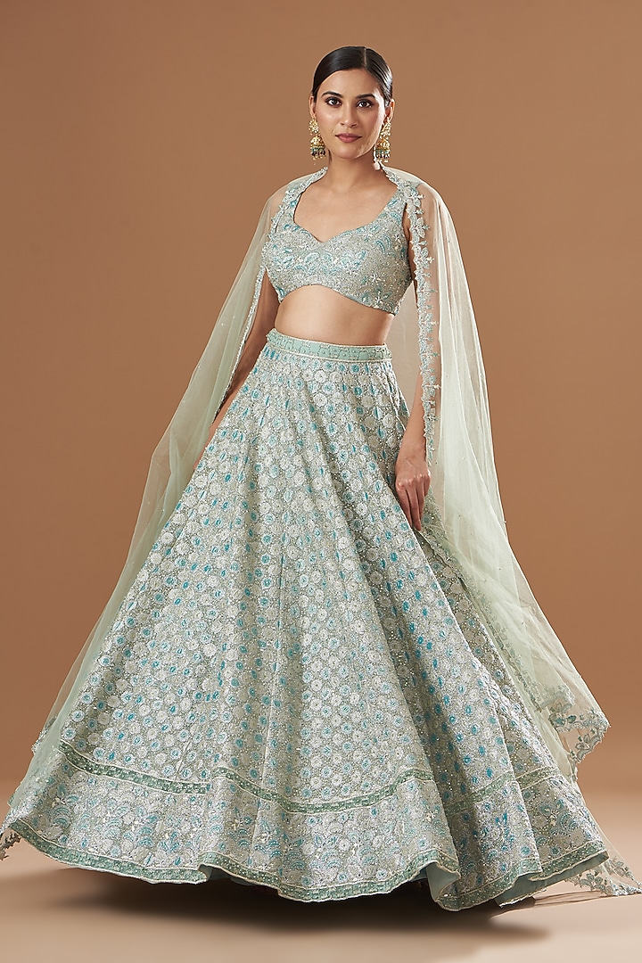 Pastel Blue Tissue & Net Embellished Bridal Lehenga Set by Aisha Rao at Pernia's Pop Up Shop