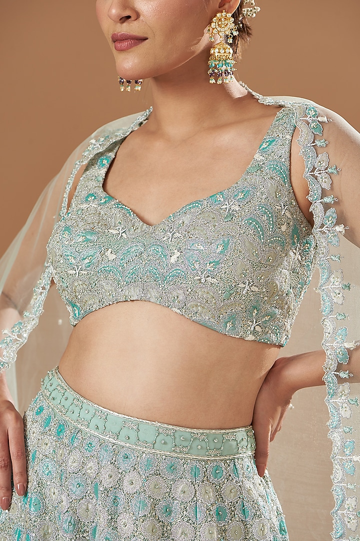 Pastel Blue Tissue & Net Embellished Bridal Lehenga Set by Aisha Rao at Pernia's Pop Up Shop