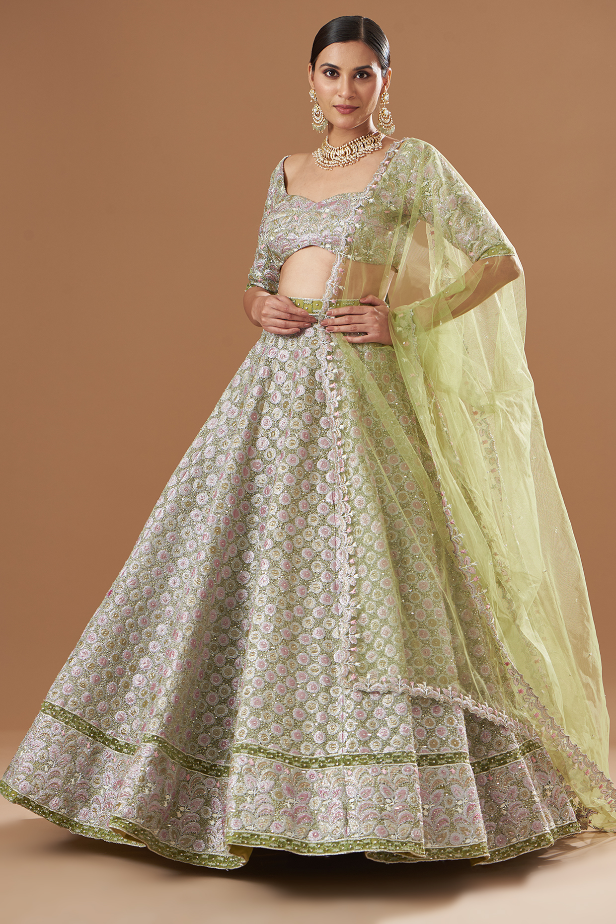 Pastel Green Tissue & Net Embellished Bridal Lehenga Set by Aisha Rao at Pernia's Pop Up Shop