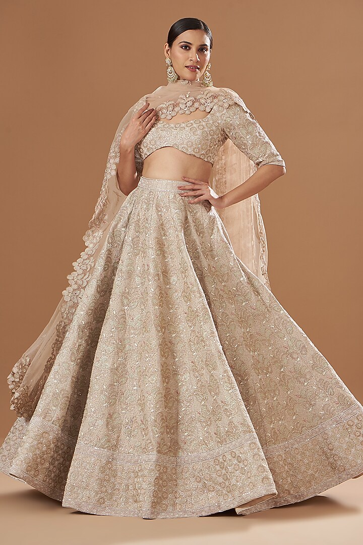 Beige Tissue Embellished Bridal Lehenga Set by Aisha Rao at Pernia's Pop Up Shop