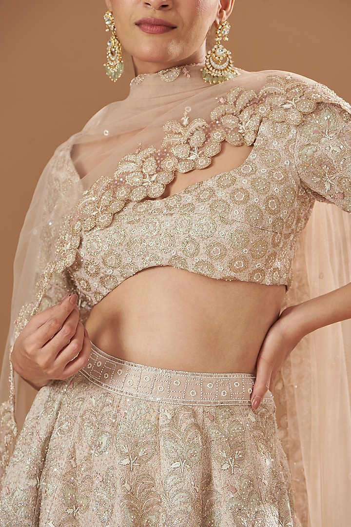 Beige Tissue Embellished Bridal Lehenga Set by Aisha Rao at Pernia's Pop Up Shop