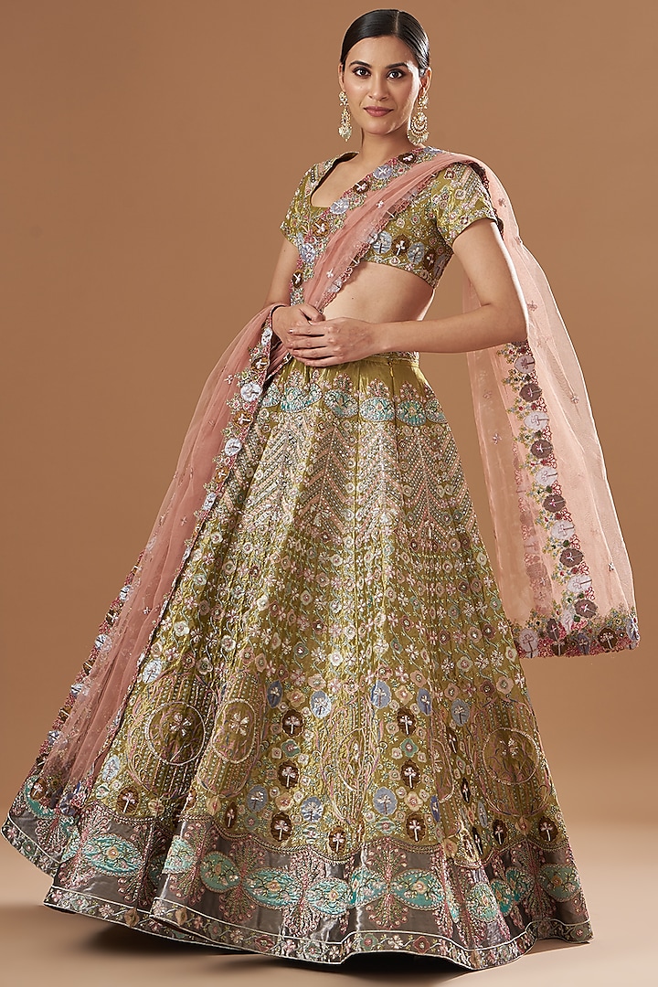 Acid Green Tissue Embellished Bridal Lehenga Set by Aisha Rao at Pernia's Pop Up Shop