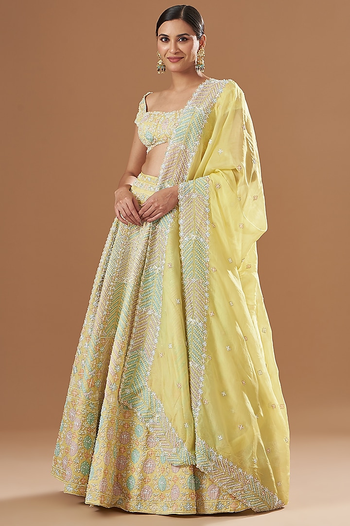 Lime Kasab Satin Embellished Bridal Lehenga Set by Aisha Rao at Pernia's Pop Up Shop