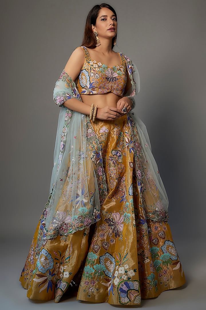 Yellow Tissue Embellished Bridal Lehenga Set by Aisha Rao at Pernia's Pop Up Shop