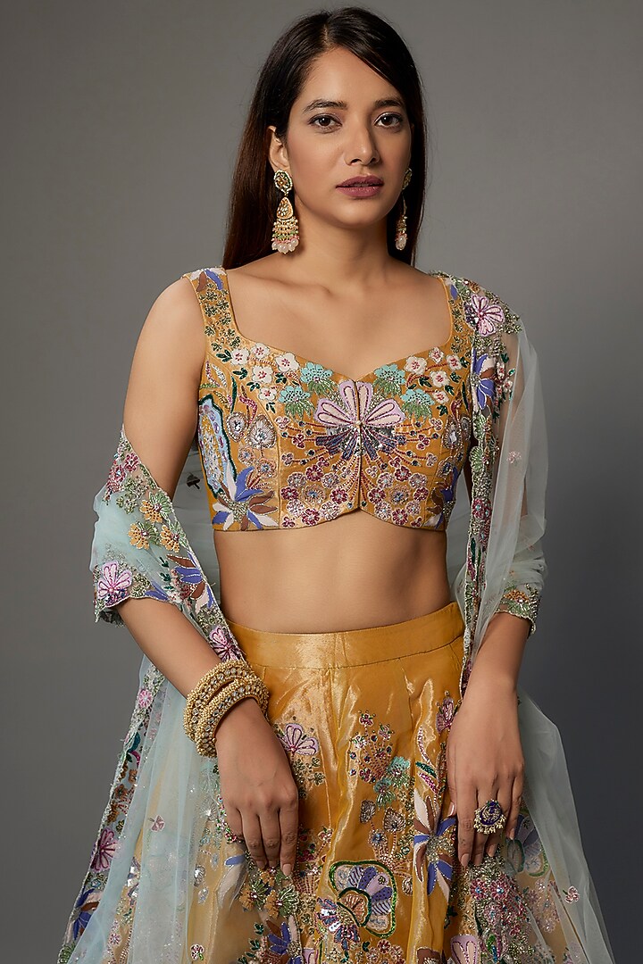 Yellow Tissue Embellished Bridal Lehenga Set by Aisha Rao at Pernia's Pop Up Shop