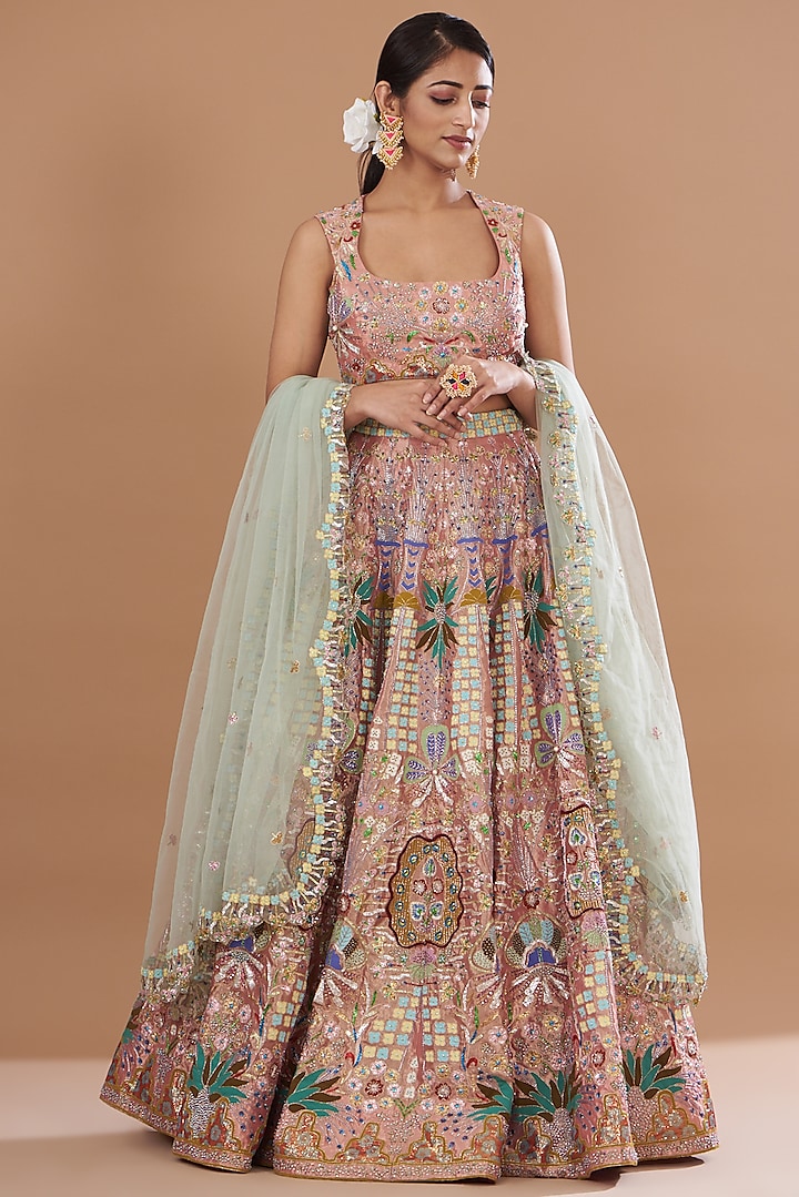 Multi-Colored Tissue Embellished Kalidar Bridal Lehenga Set by Aisha Rao at Pernia's Pop Up Shop