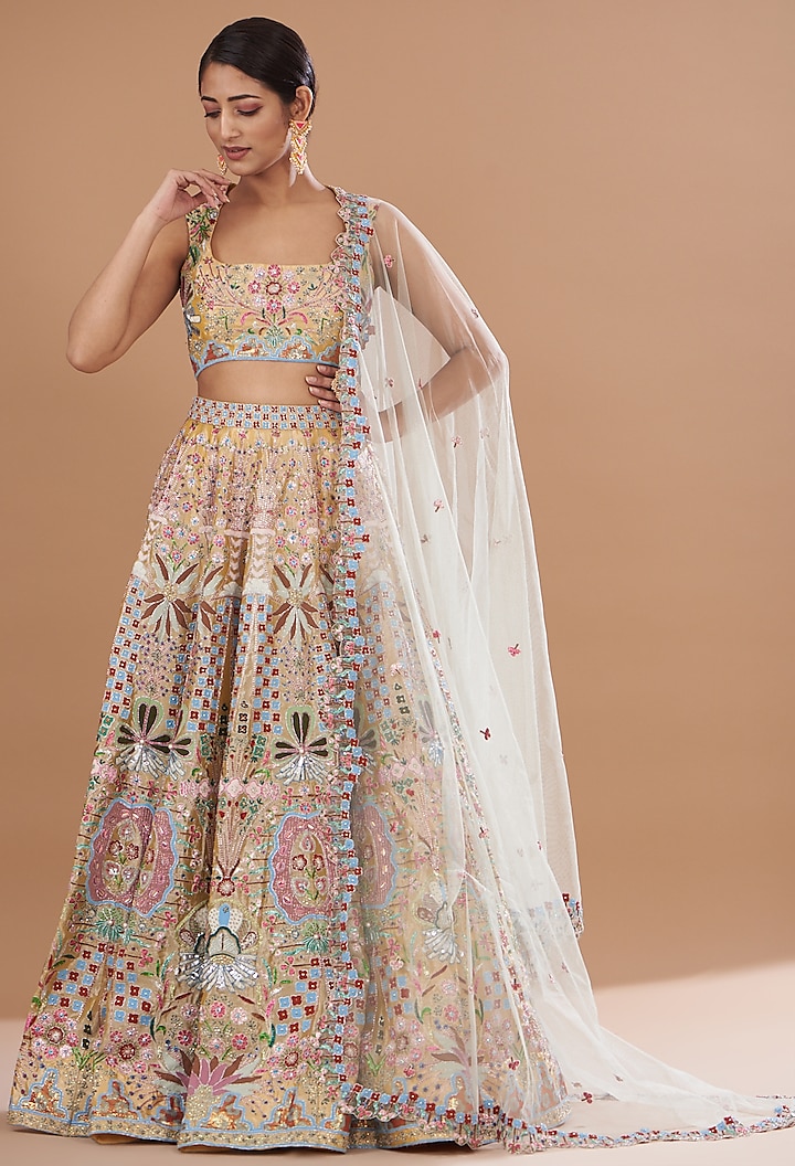 Multi-Colored Tissue Embellished Kalidar Bridal Lehenga Set by Aisha Rao at Pernia's Pop Up Shop