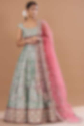 Blue Tissue Embellished Kalidar Bridal lehenga for 22 Lehenga Set by Aisha Rao at Pernia's Pop Up Shop
