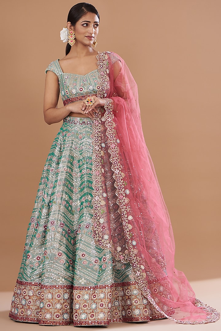 Blue Tissue Embellished Kalidar Bridal lehenga for 22 Lehenga Set by Aisha Rao at Pernia's Pop Up Shop