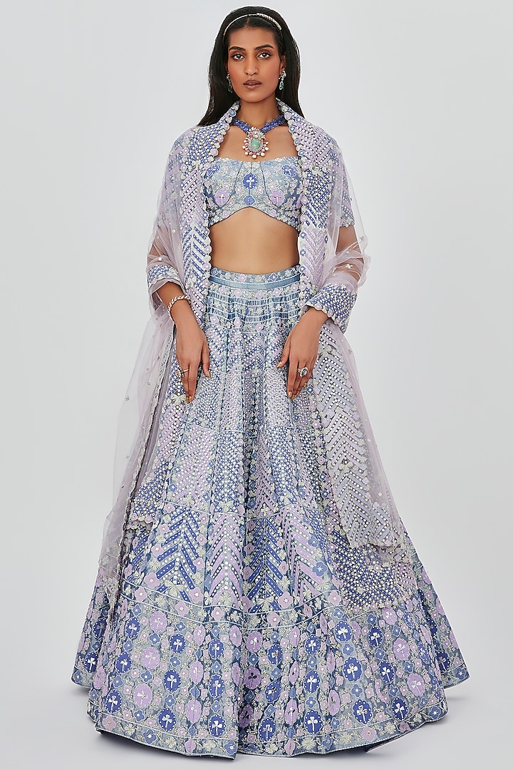 Periwinkle Tissue Embellished 16 Kali Bridal Lehenga Set by Aisha Rao at Pernia's Pop Up Shop