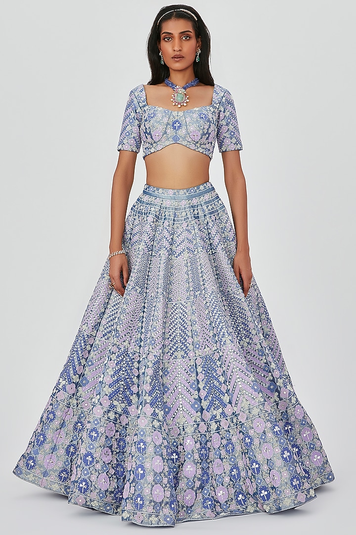 Periwinkle Tissue Embellished 16 Kali Bridal Lehenga Set by Aisha Rao at Pernia's Pop Up Shop