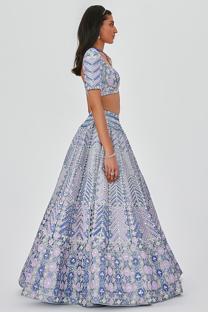 Periwinkle Tissue Embellished 16 Kali Bridal Lehenga Set by Aisha Rao at Pernia's Pop Up Shop