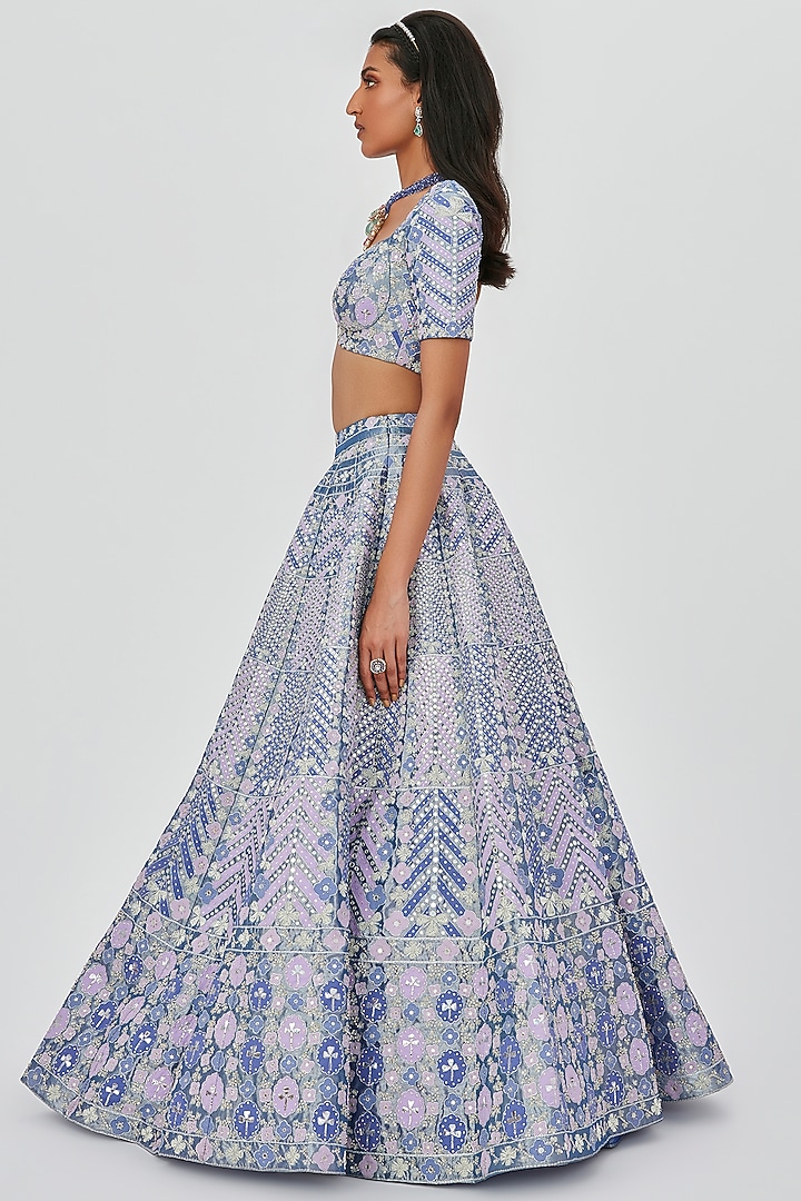 Periwinkle Tissue Embellished 16 Kali Bridal Lehenga Set by Aisha Rao at Pernia's Pop Up Shop