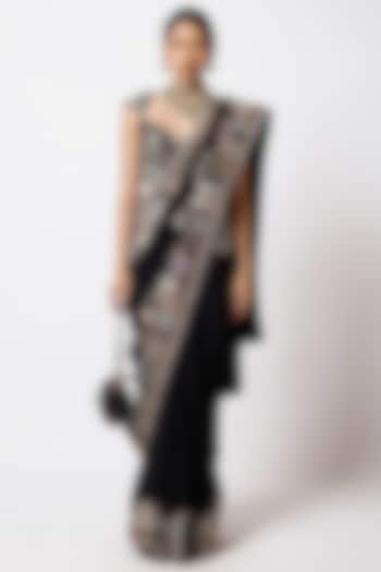Black Mulberry Crepe Applique Embellished Reception Saree Set by Aisha Rao at Pernia's Pop Up Shop