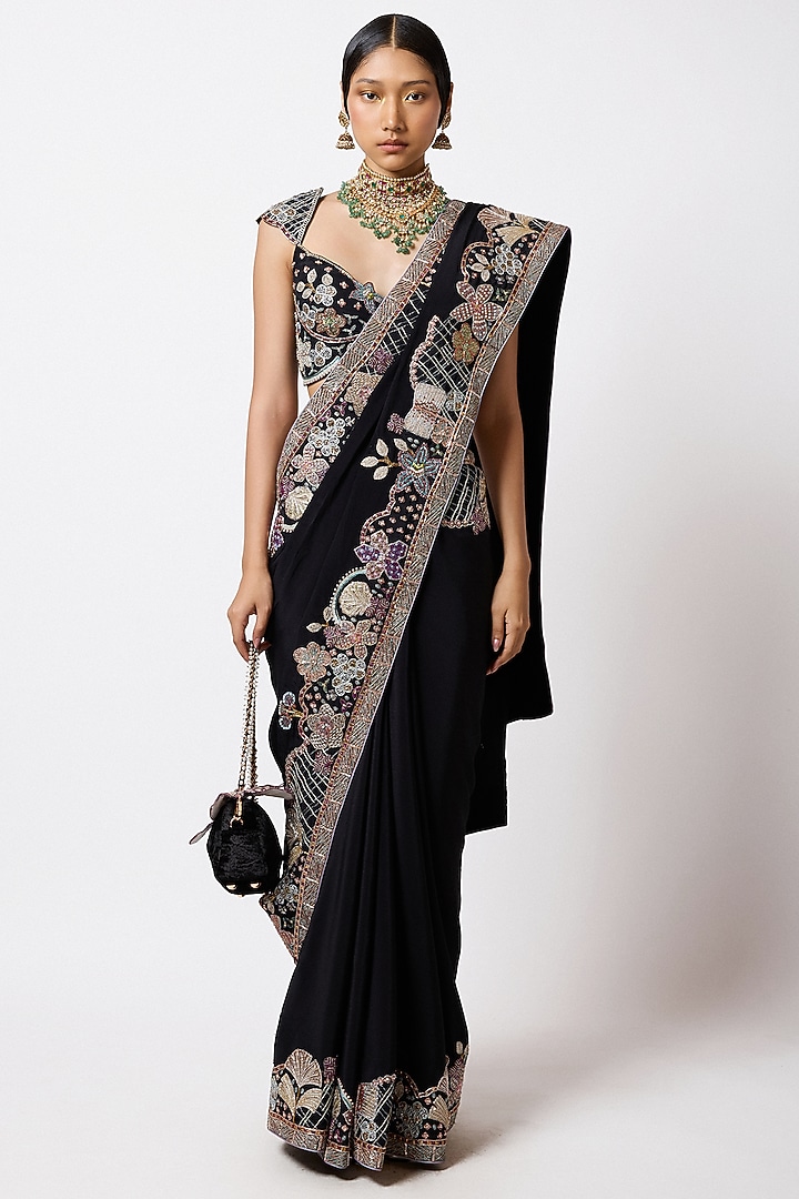 Black Mulberry Crepe Applique Embellished Reception Saree Set by Aisha Rao at Pernia's Pop Up Shop
