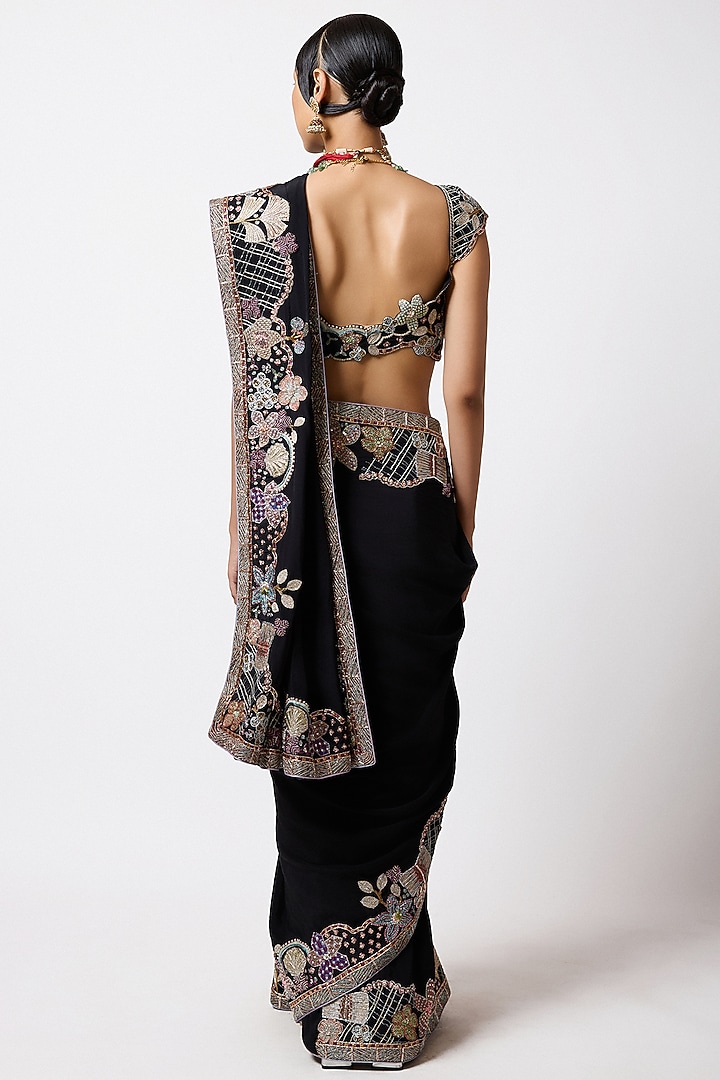 Black Mulberry Crepe Applique Embellished Reception Saree Set by Aisha Rao at Pernia's Pop Up Shop