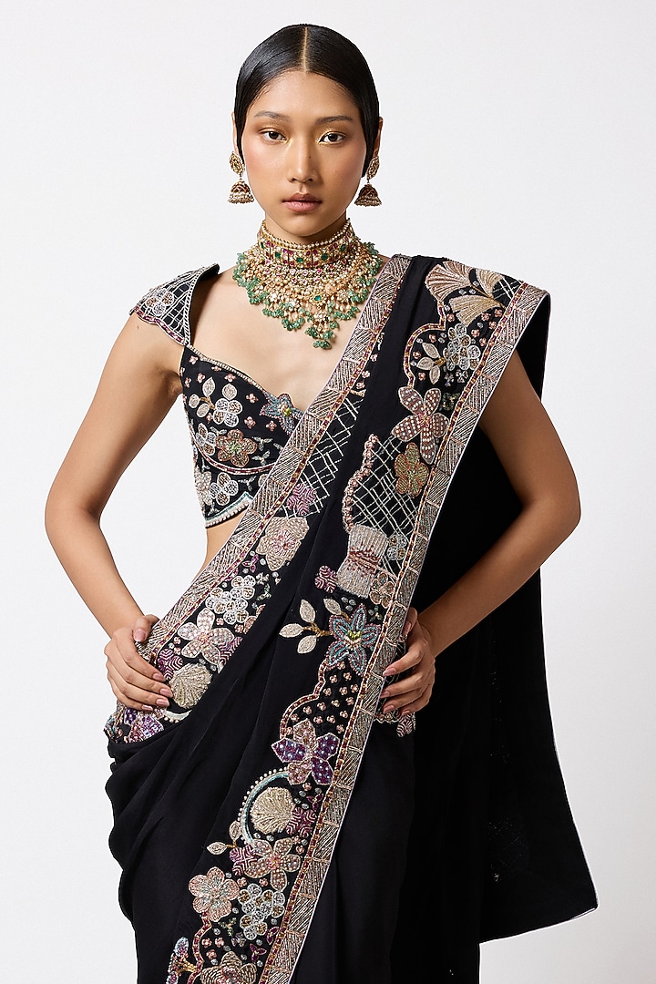 Black Mulberry Crepe Applique Embellished Reception Saree Set by Aisha Rao at Pernia's Pop Up Shop