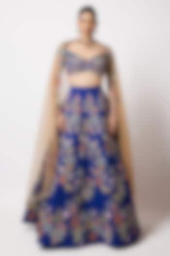 Electric Blue Raw Silk Applique Embellished Bridal Lehenga Set by Aisha Rao at Pernia's Pop Up Shop