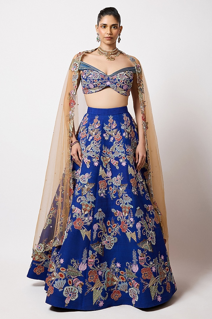 Electric Blue Raw Silk Applique Embellished Bridal Lehenga Set by Aisha Rao at Pernia's Pop Up Shop