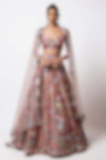 Rust Red Tissue Applique Embellished Bridal Lehenga Set by Aisha Rao at Pernia's Pop Up Shop