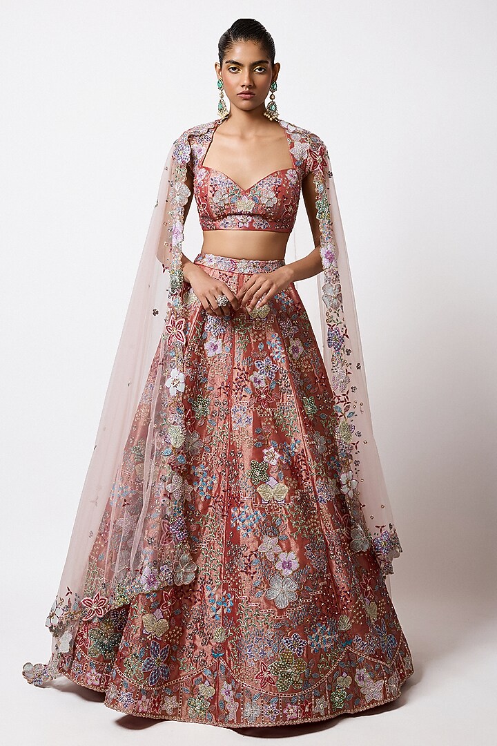 Rust Red Tissue Applique Embellished Bridal Lehenga Set by Aisha Rao at Pernia's Pop Up Shop