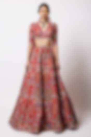 Red Raw Silk Applique Embellished Bridal Lehenga Set by Aisha Rao at Pernia's Pop Up Shop
