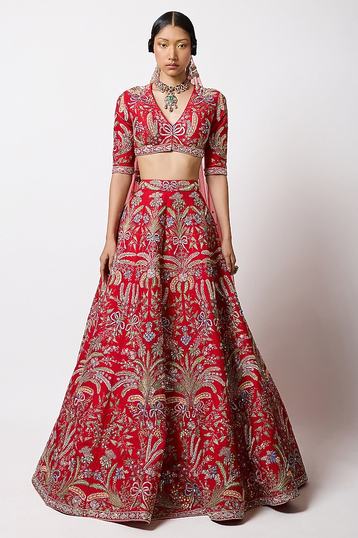 Red Raw Silk Applique Embellished Bridal Lehenga Set by Aisha Rao at Pernia's Pop Up Shop