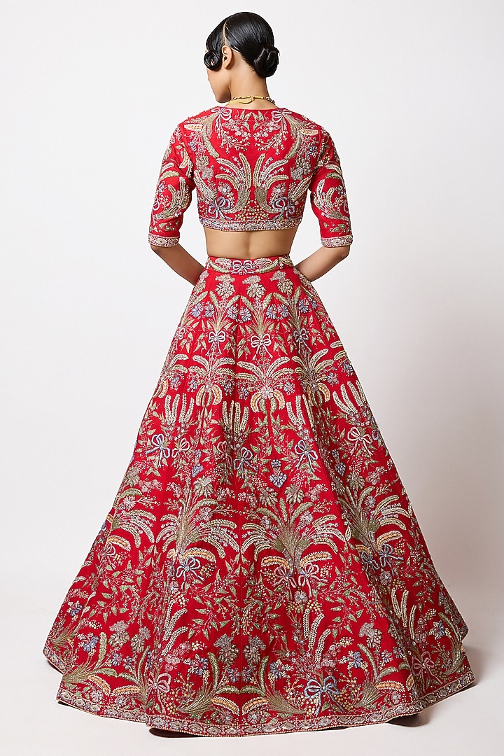 Red Raw Silk Applique Embellished Bridal Lehenga Set by Aisha Rao at Pernia's Pop Up Shop