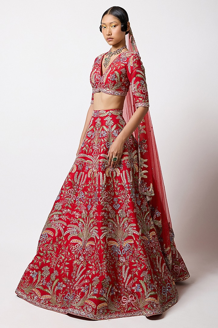 Red Raw Silk Applique Embellished Bridal Lehenga Set by Aisha Rao at Pernia's Pop Up Shop