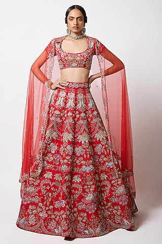 Red Raw Silk Applique Embellished Lehenga Set by Aisha Rao